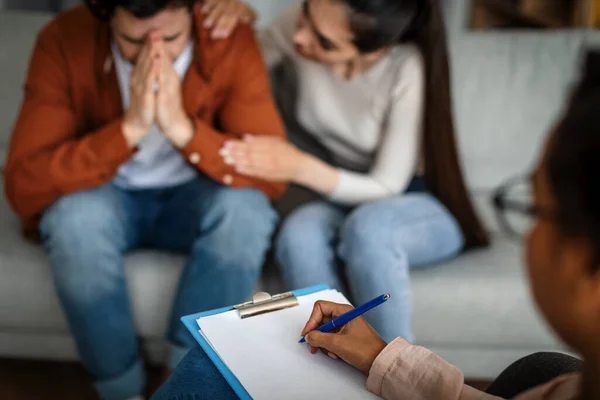 Depression Treatment Unhappy Caucasian Woman Calms Crying Man Consultation Psychologist — Stockfoto