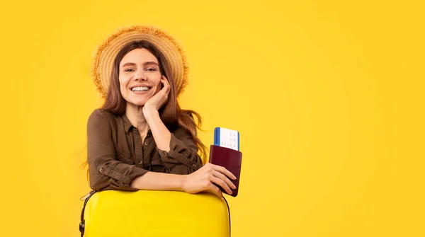 Joyful Traveler Woman Holding Passport Travel Tickets Sitting Suitcase Posing — Foto de Stock