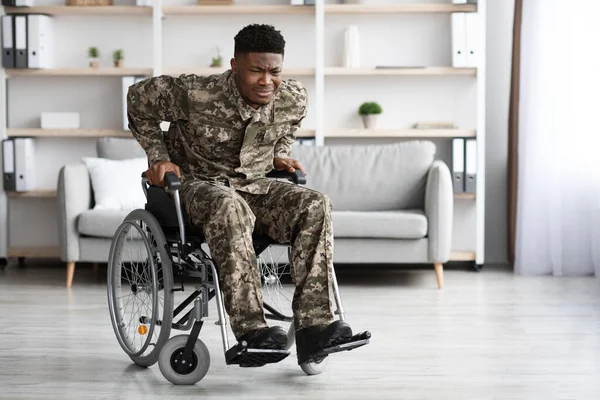 Unhappy African American Young Man Military Uniform Veteran Wheelchair Trying — Stockfoto