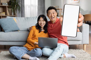 Emotional chinese couple chilling together at weekend at home, excited korean man and woman sitting by sofa in living room, using laptop and showing smartphone with blank screen, copy space, mockup