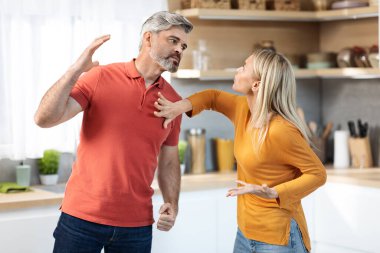 Emotional middle aged spouses having fight at kitchen, furious blonde woman and grey-haired man shouting and gesturing at each other, experiencing relationship crisis, side view