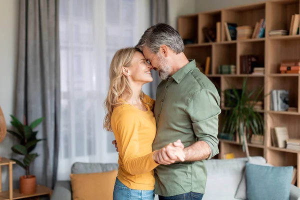 Domestic Romance Loving Middle Aged Spouses Dancing Together Home Happy — Stok fotoğraf