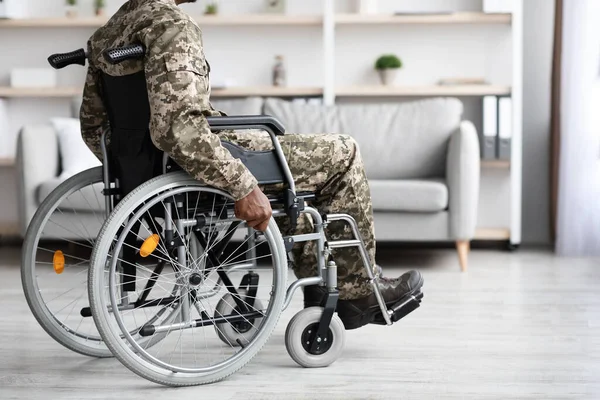 Cropped Black Veteran Wheelchair Rolling Home Unrecognizable Injured Young African — Stock Fotó