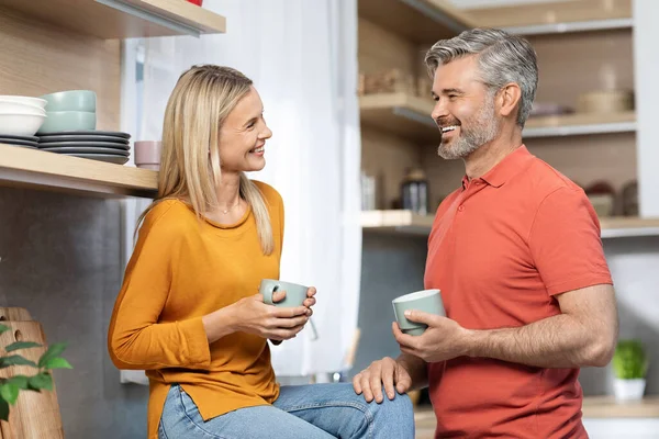 Happy Lovers Middle Aged Attractive Man Woman Holding Mugs Drinking — Foto Stock