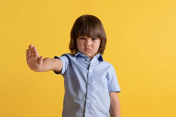 Bad Idea Studio Portrait Cute Displeased Little Boy Frowning Face — Stock Photo, Image