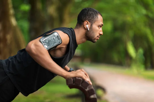 Motivated Handsome Muscular Millennial Black Sportsman Exercising Public Park Pushing —  Fotos de Stock