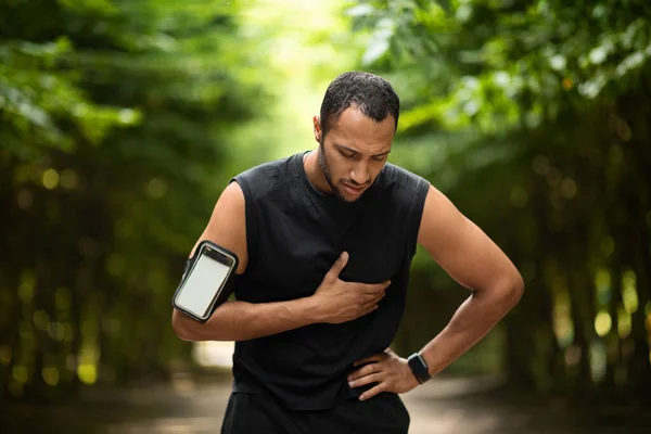 Muscular Attractive Black Man Heart Pain Touching His Chest Jogging — Stockfoto