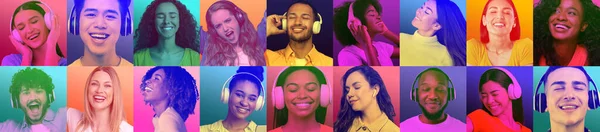 Different Facial Expressions Happy Bright Millennial Diverse People Headphones Dance —  Fotos de Stock