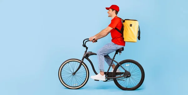 Food Delivery Male Courier Riding Bike Posing Yellow Backpack Bag — Fotografia de Stock