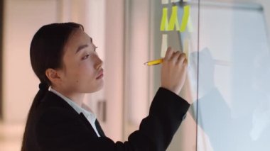 Brainstorming process. Close up portrait of pensive asian woman manager writing on sticky notes, planning project work near glass wall, slow motion, free space
