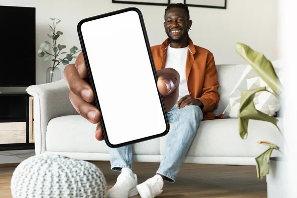 I recommend this website. Happy black man showing cellphone with blank screen to camera, mockup for your ad or design. Male sitting on sofa and holding phone in hand, collage