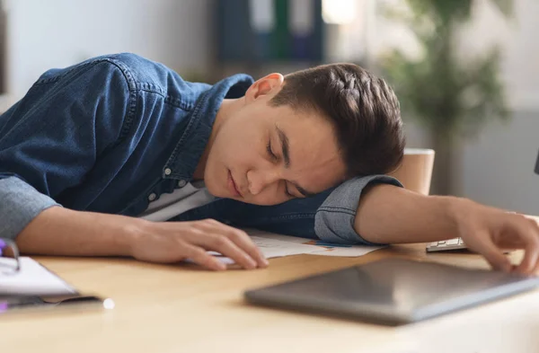 Overworking Concept Young Male Employee Sleeping Desk Papers Office Exhausted — Stockfoto