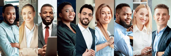 Collage of multiethnic group of smiling businessmen and businesswomen posing at their offices, collection of photos of happy young men and women at workplace, web-banner