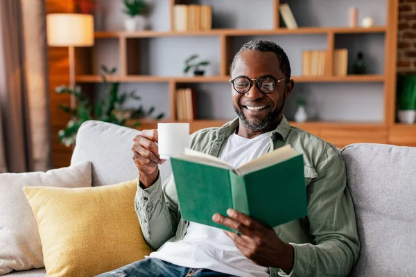 Vidám Felnőtt Afro Amerikai Férfi Szemüvegben Alkalmi Olvasókönyv Élvezze Kedvenc — Stock Fotó