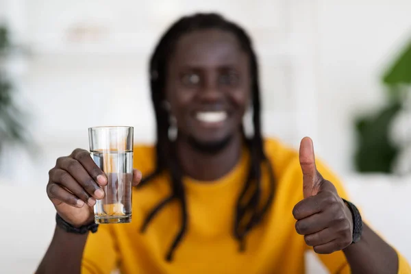 Smiling African American Male Holding Glass Of Water And Showing Thumb Up Gesture, Young Cheerful African American Guy Enjoying Refreshing Drink While Sitting On Couch At Home, Selective Focus