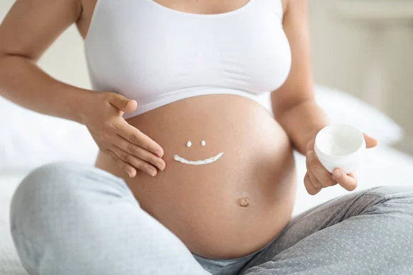 Cropped Pregnant Woman Homewear Sitting Bed Home Holding Jar Body — Stock Photo, Image