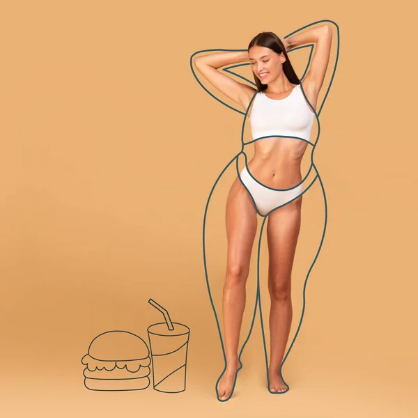 Dieting and weight loss concept. Fast food and drawn outlines around slim female body, fit woman with perfect figure posing over beige studio background, collage, cropped