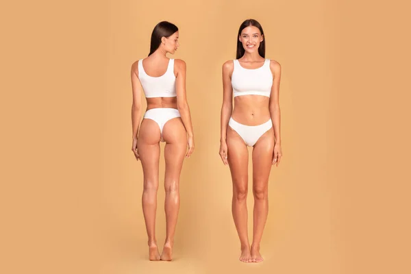 Full Length Shot Front Back View Slim Lady Underwear Posing — Stock Photo, Image