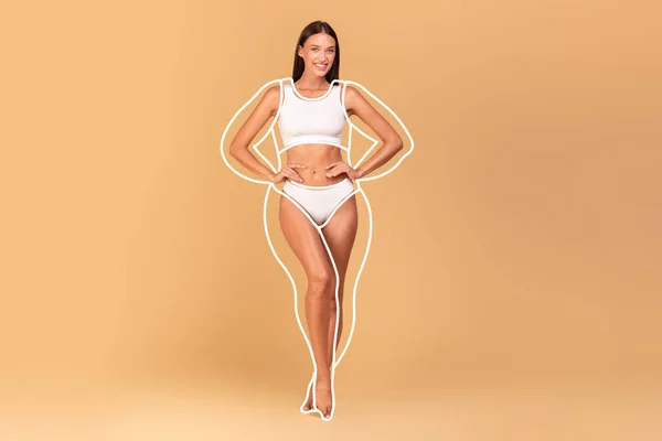Young woman in underwear posing and demonstrating perfect slim body over beige studio background, collage with overweight silhouette showing weight loss result
