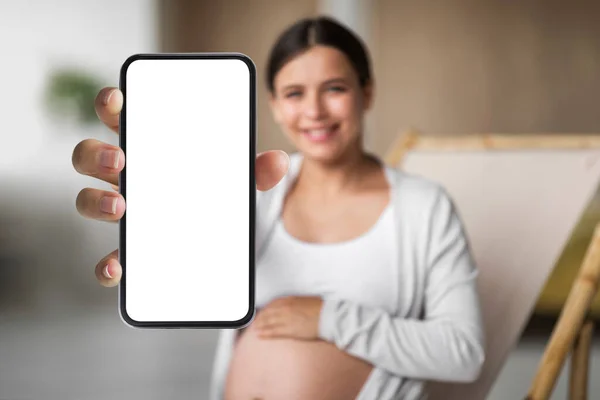 Anuncio Móvil Sonriendo Señora Embarazada Demostrando Smartphone Grande Blanco Con — Foto de Stock