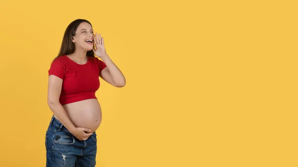 Happy Young Pregnant Woman Making Announcement Shouting Yellow Background Cheerful — Stok Foto