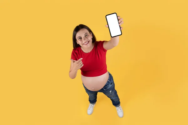 Όμορφη Νεαρή Έγκυος Γυναίκα Κρατώντας Και Δείχνοντας Στο Κινητό Τηλέφωνο — Φωτογραφία Αρχείου