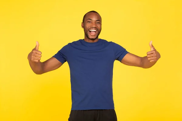 Joyful African American Man Gesturing Thumbs Both Hands Approval Posing —  Fotos de Stock