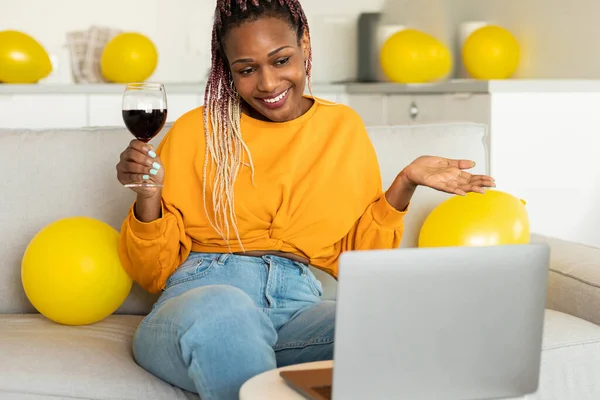 Virtual Party African American Woman Having Video Conference Friends Family — Stock Photo, Image