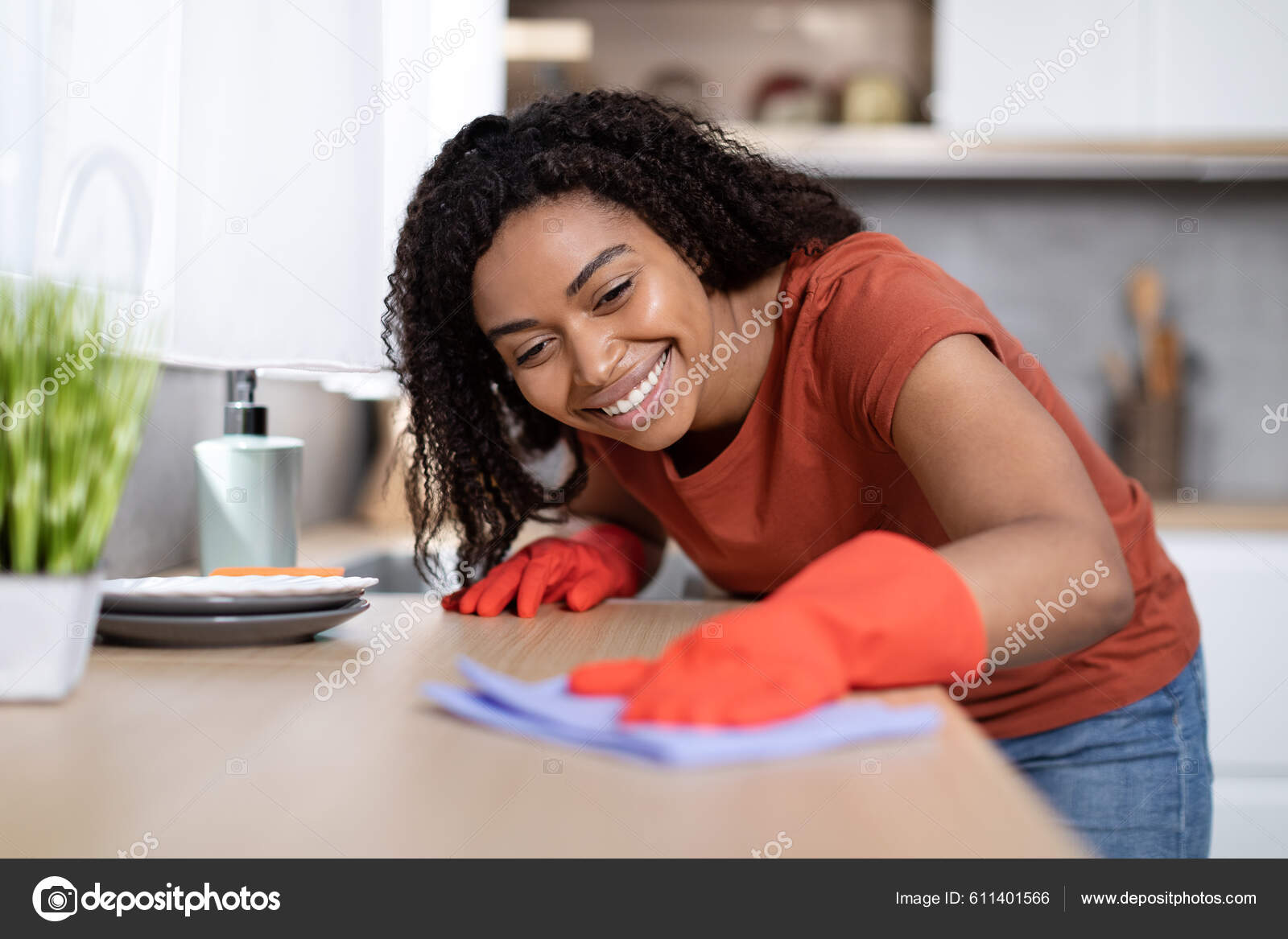 Smiling Pretty Millennial African American Woman Rubber Gloves