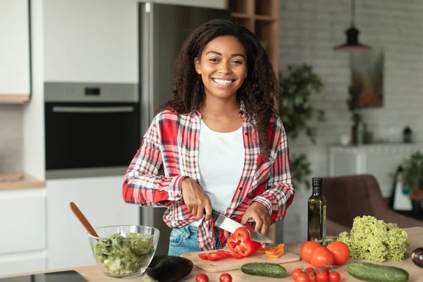 Glad pretty millennial african american female cutting organic vegetables and looking at camera, enjoy cooking food in minimalist kitchen interior. Salad recipe, veganism, health care, homemade lunch