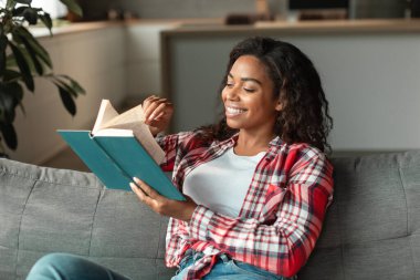 Mutlu akıllı, güzel, bin yıllık Afro-Amerikan kadın koltukta oturup kitap okuyor, oturma odasında boş vakitlerin tadını çıkarıyor, içlerini kopyalıyor. Rahat bir evde dinlenme, hobiler ve edebiyat.