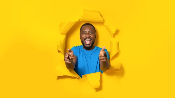 Pick You Excited Black Man Pointing Fingers Camera Smiling Breaking — Stock Photo, Image