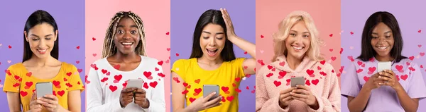 Renkli Arka Planlarda Modern Cep Telefonlarını Kullanarak Sevgililerle Sohbet Ederek — Stok fotoğraf