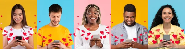 有感情的多文化年轻人 他们在五彩缤纷的背景下使用手机 红色的心从小玩艺儿里跳出来 摄影棚的照片拼图 与移动应用概念约会的拼贴 — 图库照片
