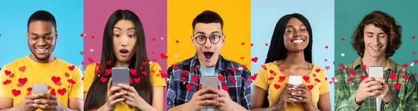 Positive Multikulturelle Junge Menschen Mit Smartphones Vor Buntem Hintergrund Rote — Stockfoto