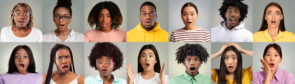Soubor Překvapených Multietnických Mladých Mužů Žen Neformálních Šatech Šklebící Gestikulující — Stock fotografie