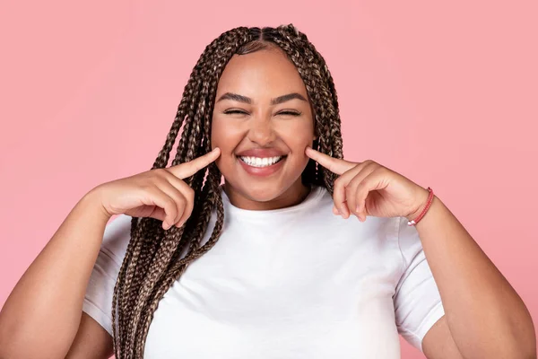 Body Positive Happy African American Obese Lady Touching Cheeks Posing — Stock Photo, Image