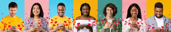 Glada Mångkulturella Ungdomar Som Använder Smartphones Över Färgglada Bakgrunder Röda — Stockfoto