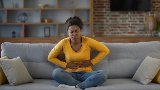 Period Pain Young Upset African American Woman Suffering Terrible Stomach — Stock Video