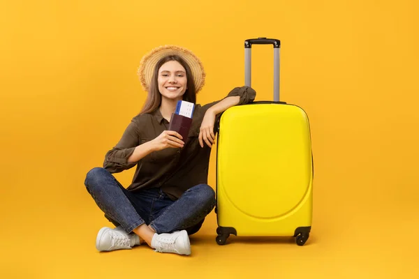 Vacation Happy Woman Tourist Sitting Suitcase Holding Passport Travel Tickets — Stock Photo, Image