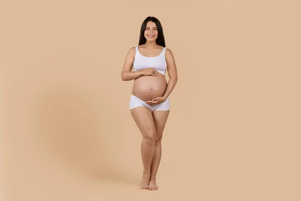 Full Length Shot Beautiful Pregnant Female Underwear Tenderly Embracing Her — Stok Foto