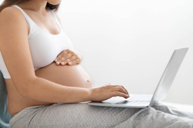 Tanımlanamayan hamile bir kadın evde yatarken dizüstü bilgisayar kullanıyor, doğum izni sırasında online eğitim alıyor, arkadaşı, doktoru, yan görüntüsü, kopyalama alanı, kırpma dersi alıyor.
