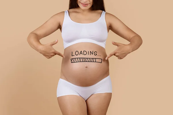 Happy Expectation Cropped Shot Pregnant Woman Pointing Loading Mark Belly — Stok Foto