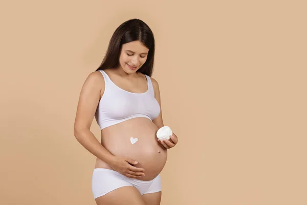 Portrait Beautiful Pregnant Woman Heart Made Cream Belly Posing Underwear — Stok Foto