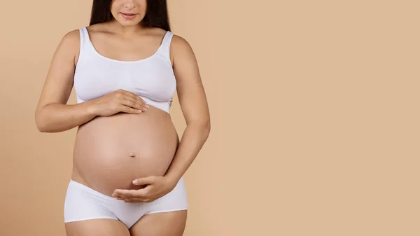 出産の概念 ベージュ地の上に立っている間に彼女の腹を受け入れる下着で妊娠中の女性の作物 ランジェリーで若い期待の女性のスタジオショット スペースをコピー — ストック写真