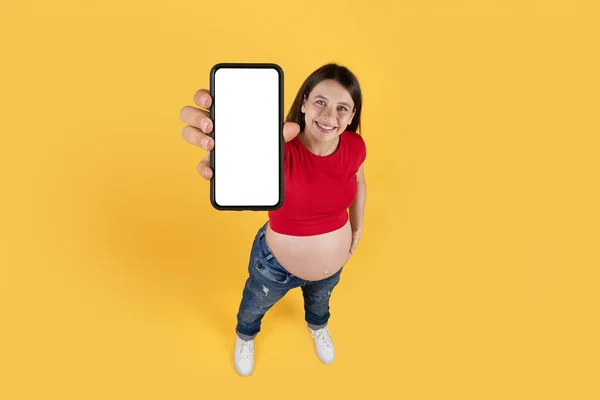 頭の上に手にブランクスマートフォンを持っている若い妊婦のトップビュー 黄色の背景に孤立立ちながら白い画面で携帯電話を実証幸せな期待の女性 モックアップ — ストック写真