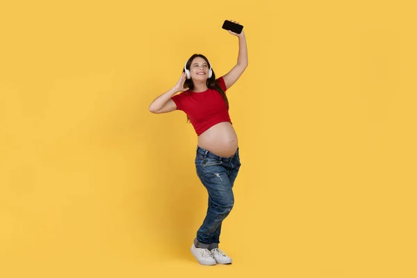 Πορτρέτο Του Happy Young Έγκυος Γυναίκα Smartphone Στο Χέρι Ακούγοντας — Φωτογραφία Αρχείου