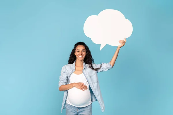Happy Millennial Pregnant Arab Woman Belly Holding Abstract Cloud Buble — Stock Photo, Image