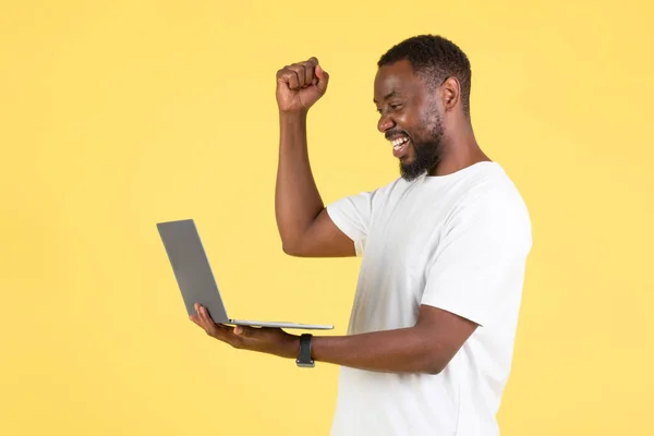 Vreugdevolle Afro Amerikaanse Man Holding Laptop Computer Gesturing Vreugde Vieren — Stockfoto