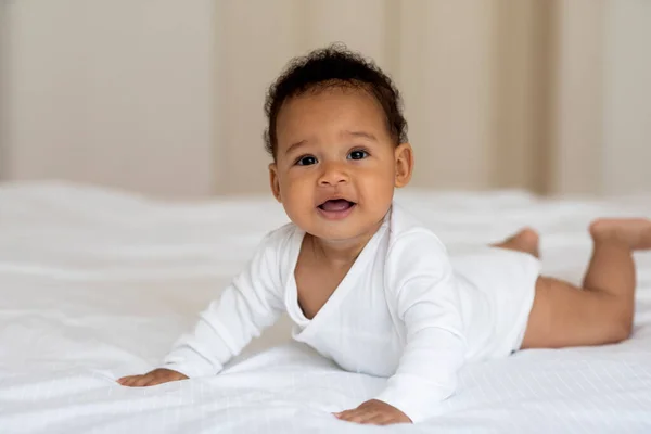 Childcare Concept Adorable Little African American Baby Crawling Bed Home — Stock Photo, Image